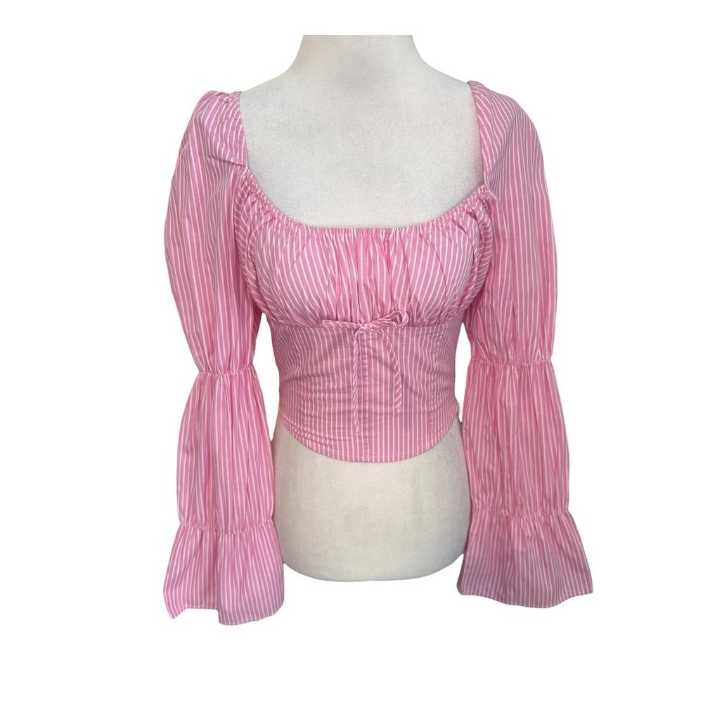 Freshman 1996 Pink Striped Puff Sleeve Smocked Crop Top XS NWOT